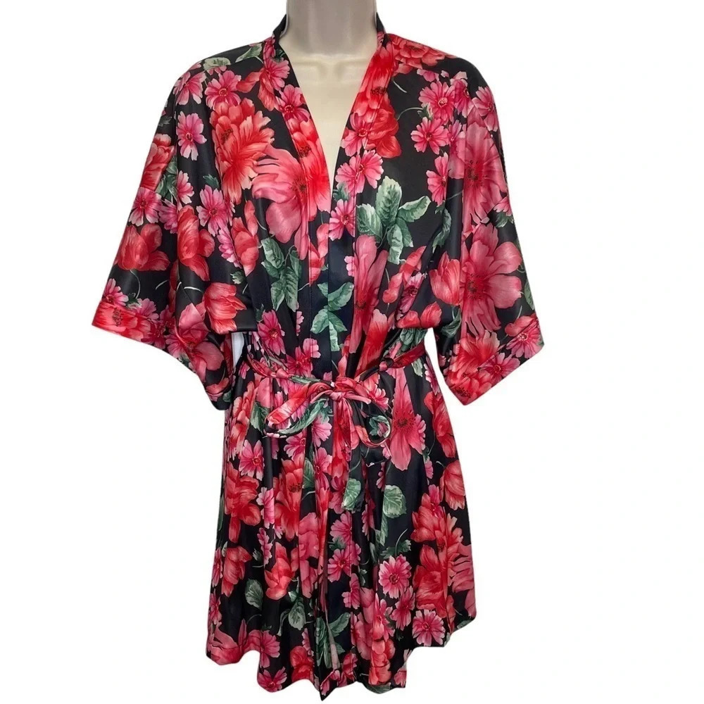 Vintage Bernette silky robe red floral women’s large